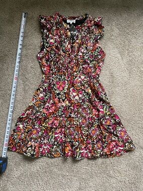 THML Floral Ruffle Tiered Mini Dress - Pink, Orange & Black size Small - NWT